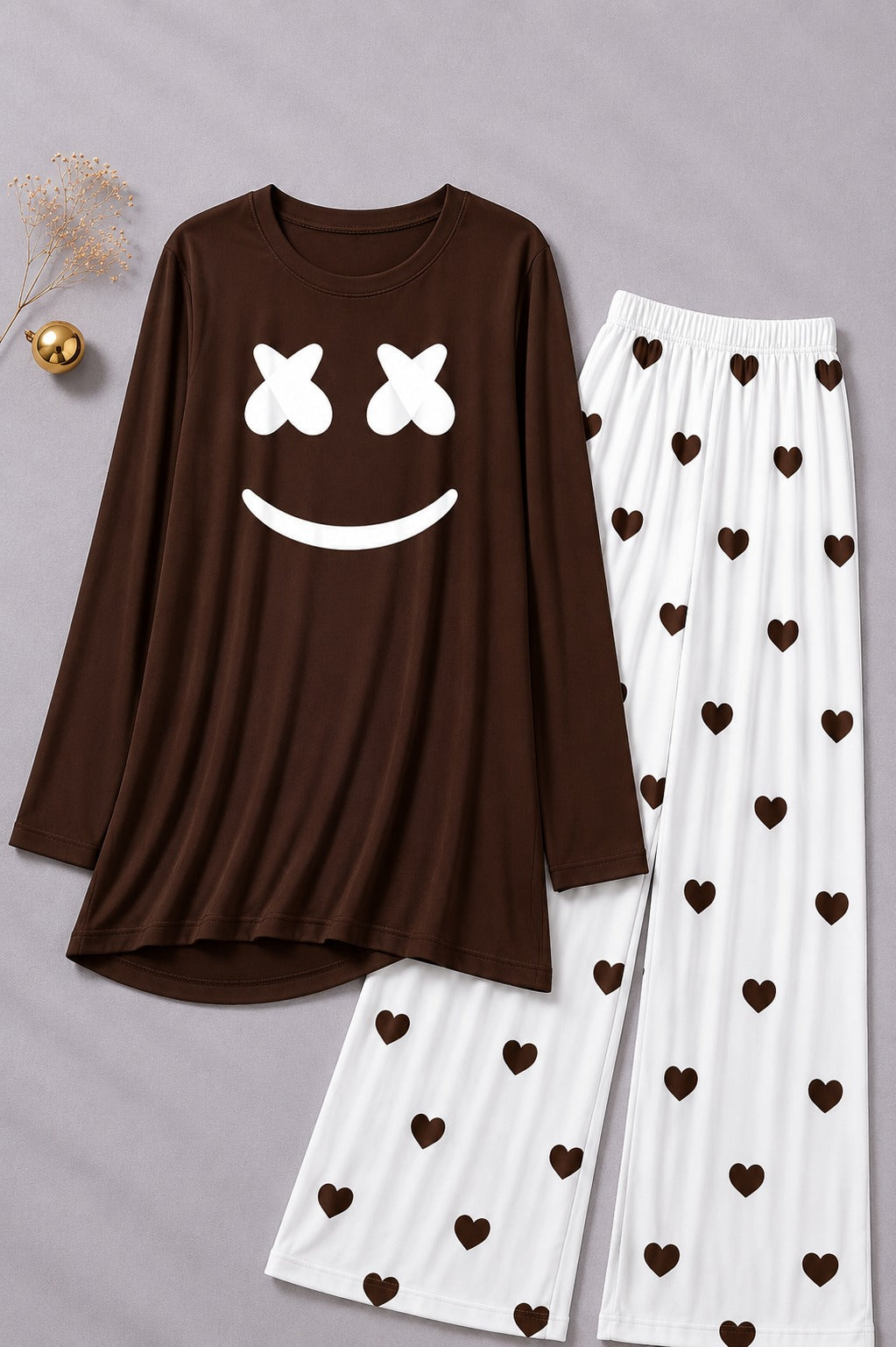 Marshmallow   Printed Brown Shirt  With Heart Printed  Palazzo Night Suit
