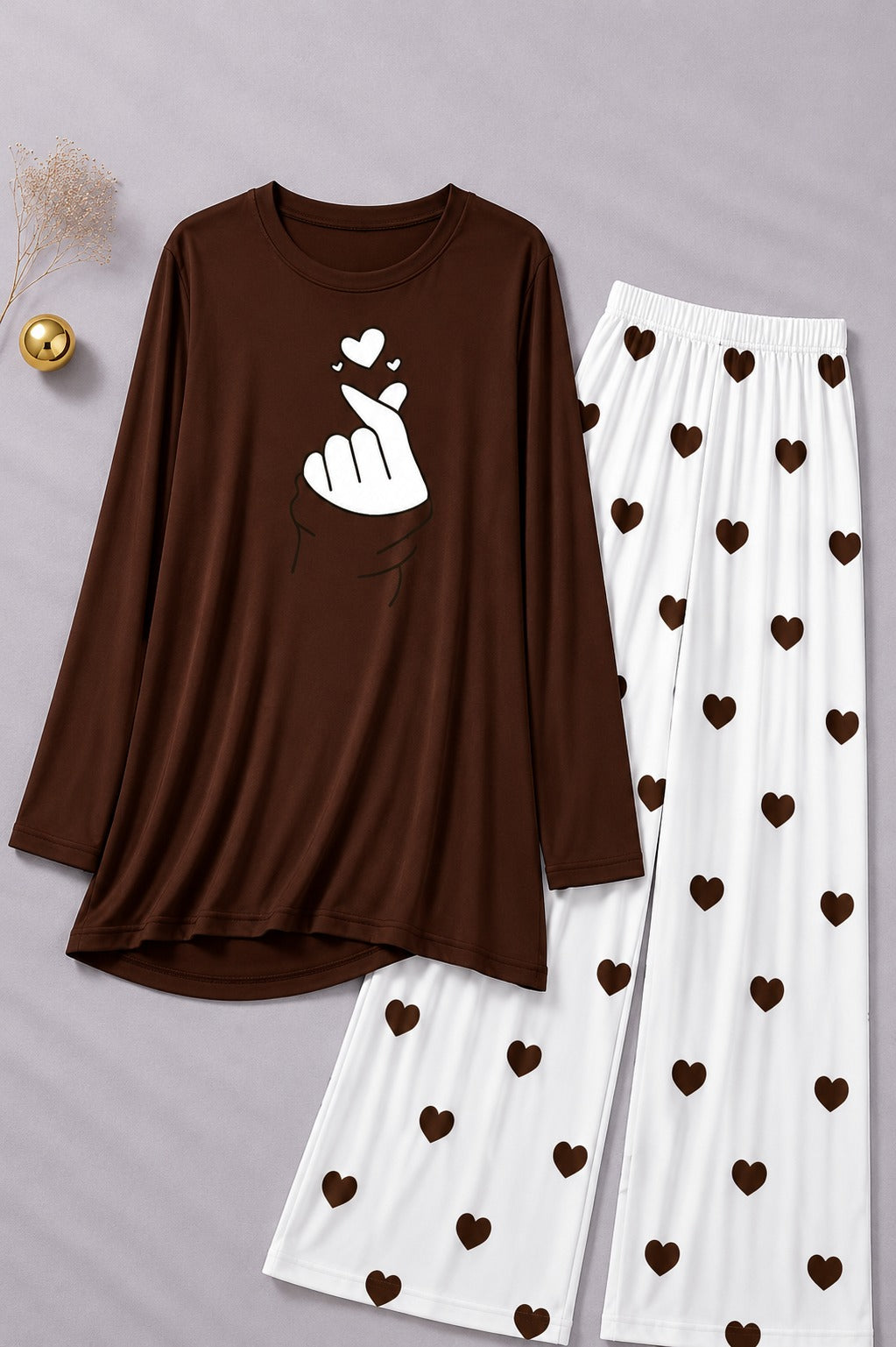 Finger Love  Printed Brown Shirt  With Heart Printed  Palazzo Night Suit