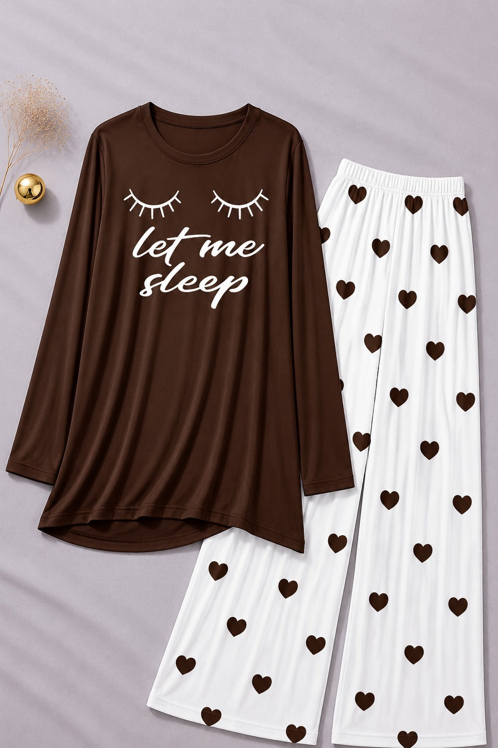 Let Me Sleep  Printed Brown Shirt  With Heart Printed  Palazzo Night Suit