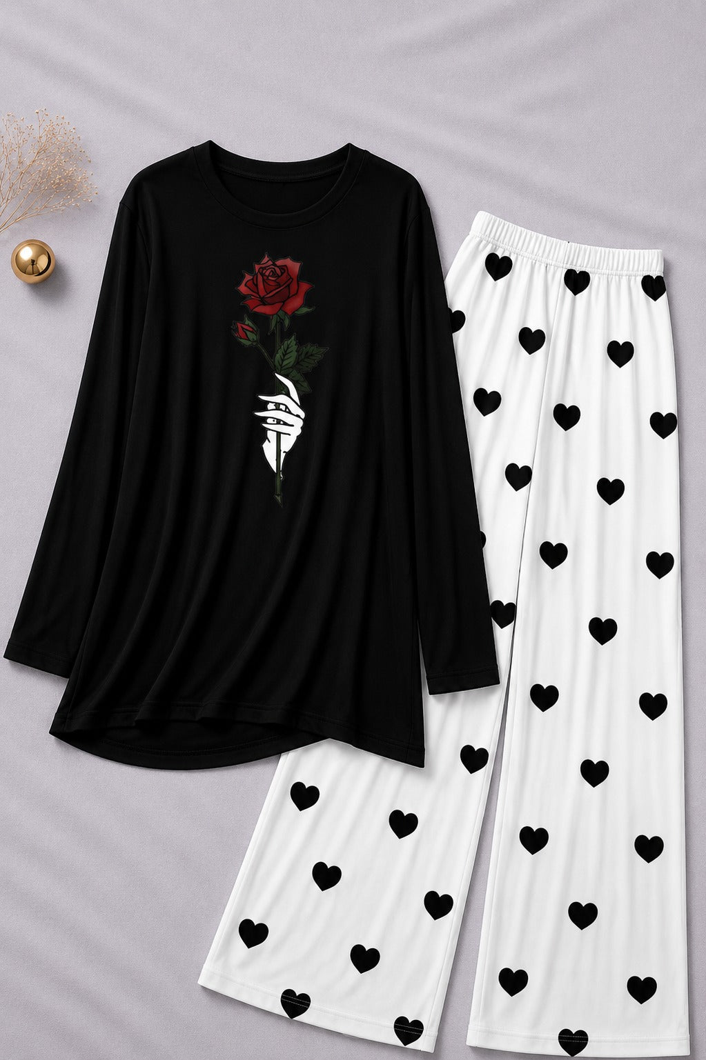 Rose Flower   Printed Black With Heart Printed  Palazzo Night Suit