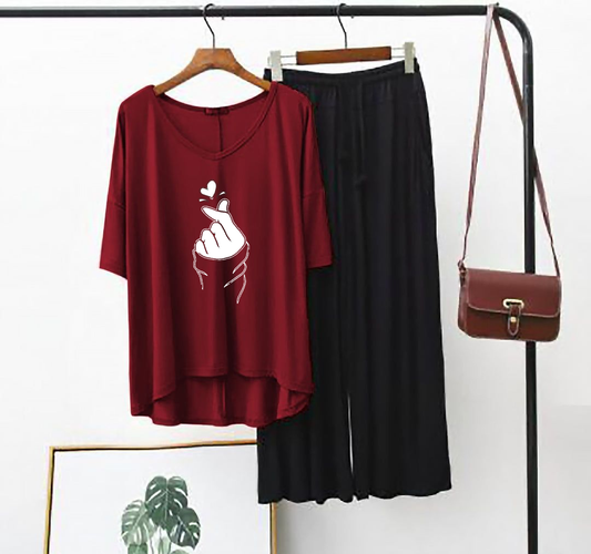 Plain Red K-Pop Heart V Neck T Shirt with Black Plazzo