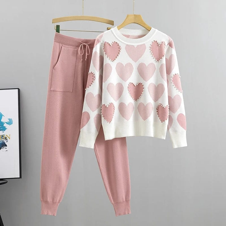 KK-10 - Heart Printed Pearl Work Style 2-Piece Winter Tracksuit for Women