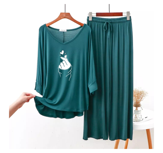 Persian Blue K Pop Heart V-Neck  Palazzo Night Suit