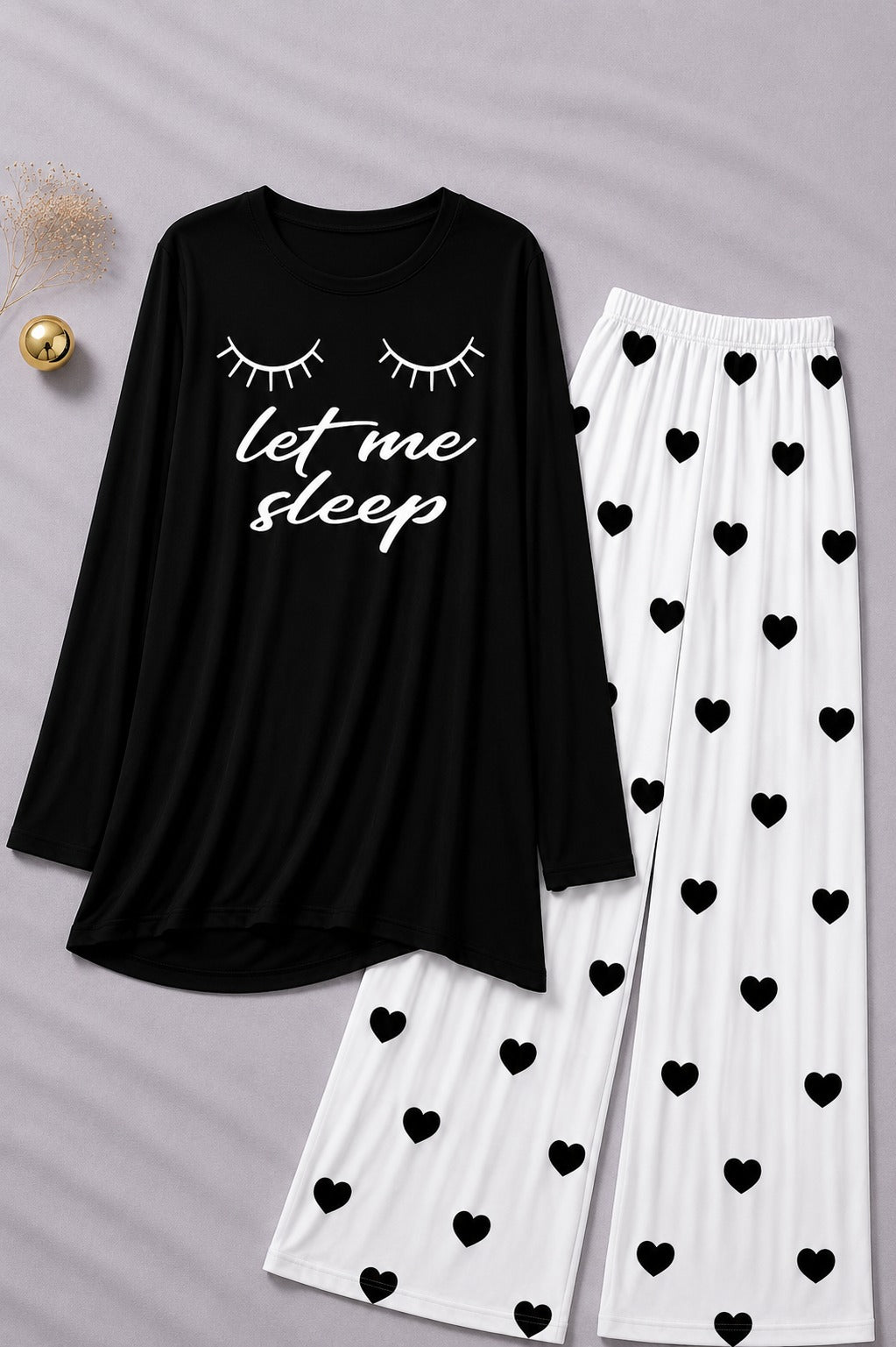 Let Me Sleep Printed Black Shirt  With Heart Printed  Palazzo Night Suit