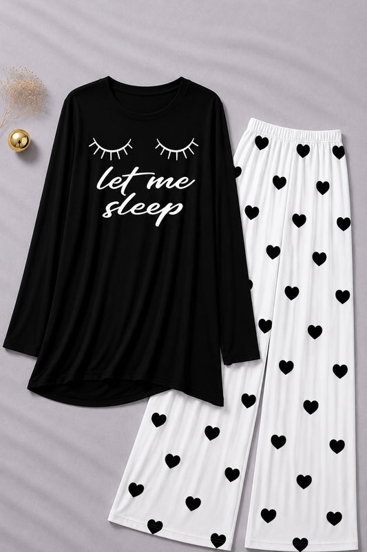 Let Me Sleep Printed Black Shirt  With Heart Printed  Palazzo Night Suit
