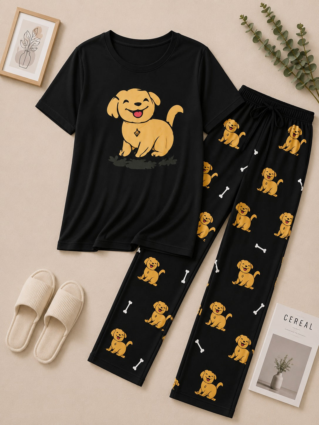 Golden Puppy Printed Pajama Set
