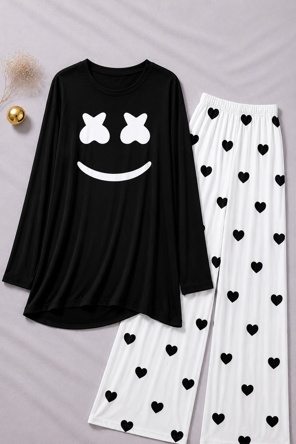 Marshmallow Printed Black Shirt  With Heart Printed  Palazzo Night Suit
