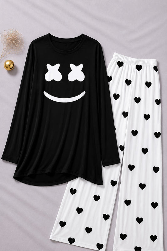 Marshmallow Printed Black Shirt  With Heart Printed  Palazzo Night Suit