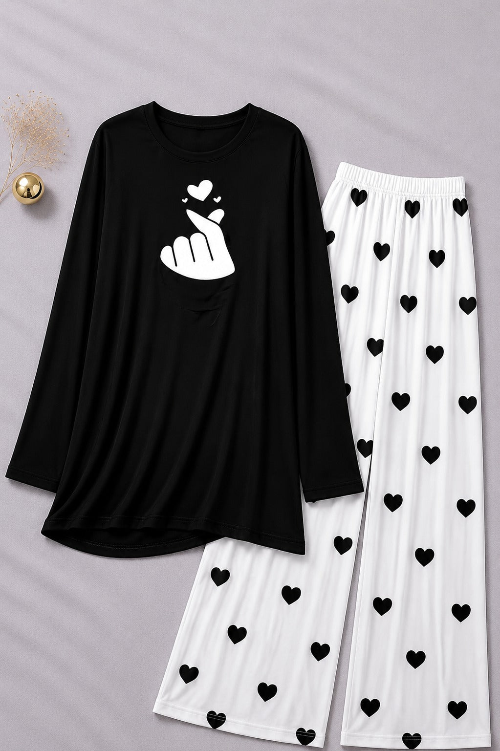 Finger Love   Printed Black Shirt  With Heart Printed  Palazzo Night Suit