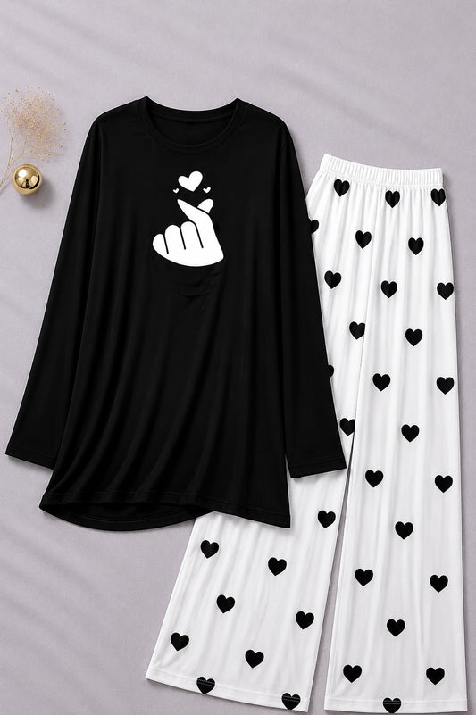 Finger Love   Printed Black Shirt  With Heart Printed  Palazzo Night Suit