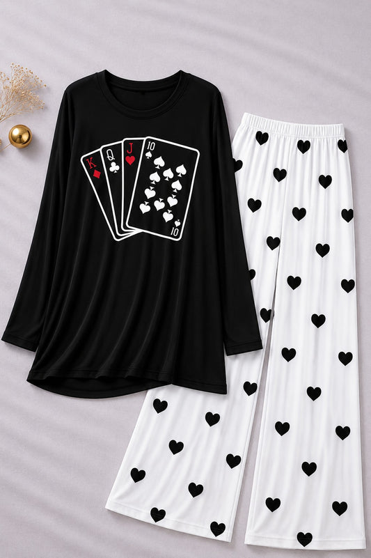Playing Card   Printed Black Shirt  With Heart Printed  Palazzo Night Suit