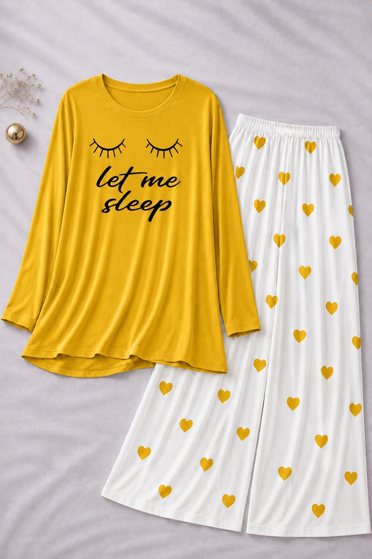 Let Me Sleep Printed Yellow Shirt With Heart Printed  Palazzo Night Suit