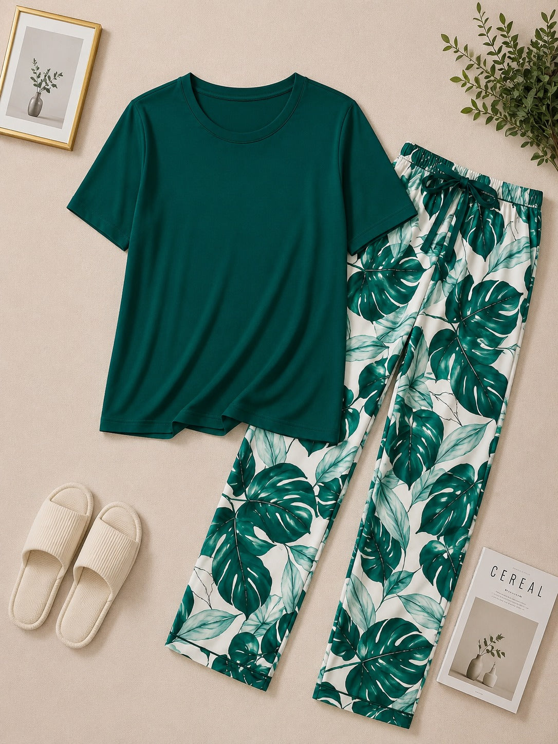 Green Emerald Tropics Printed Flapper Style Night Suit