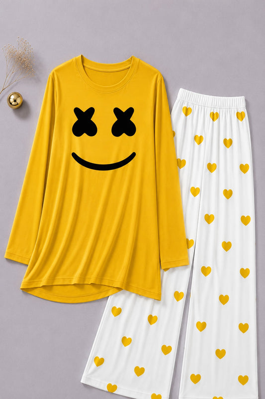 Marshmallow Printed Yellow Shirt With Heart Printed  Palazzo Night Suit