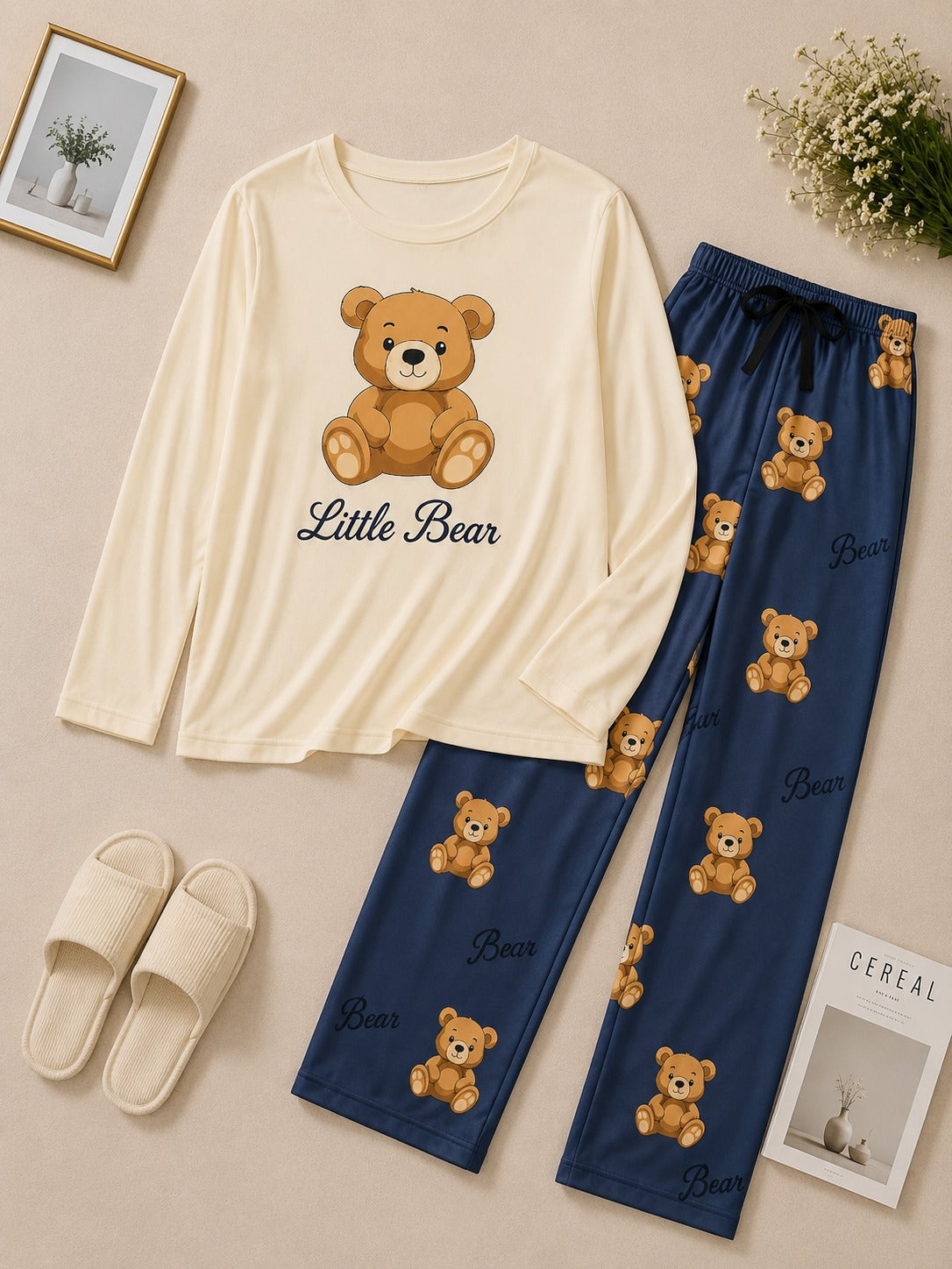 Little Teddy Dreams Night Suit (Cream & Navy)