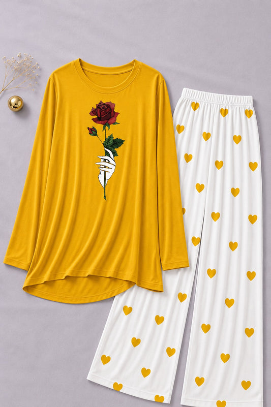 Rose  Flower Printed Yellow Shirt With Heart Printed  Palazzo Night Suit