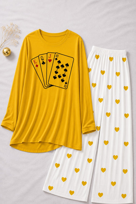 Playing Card Printed Yellow Shirt With Heart Printed  Palazzo Night Suit