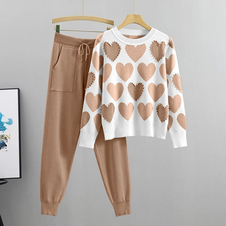 KK-11 - Heart Printed Pearl Work Style 2-Piece Winter Tracksuit for Women