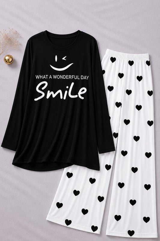 Wonderful Day  Printed Black Shirt  With Heart Printed  Palazzo Night Suit