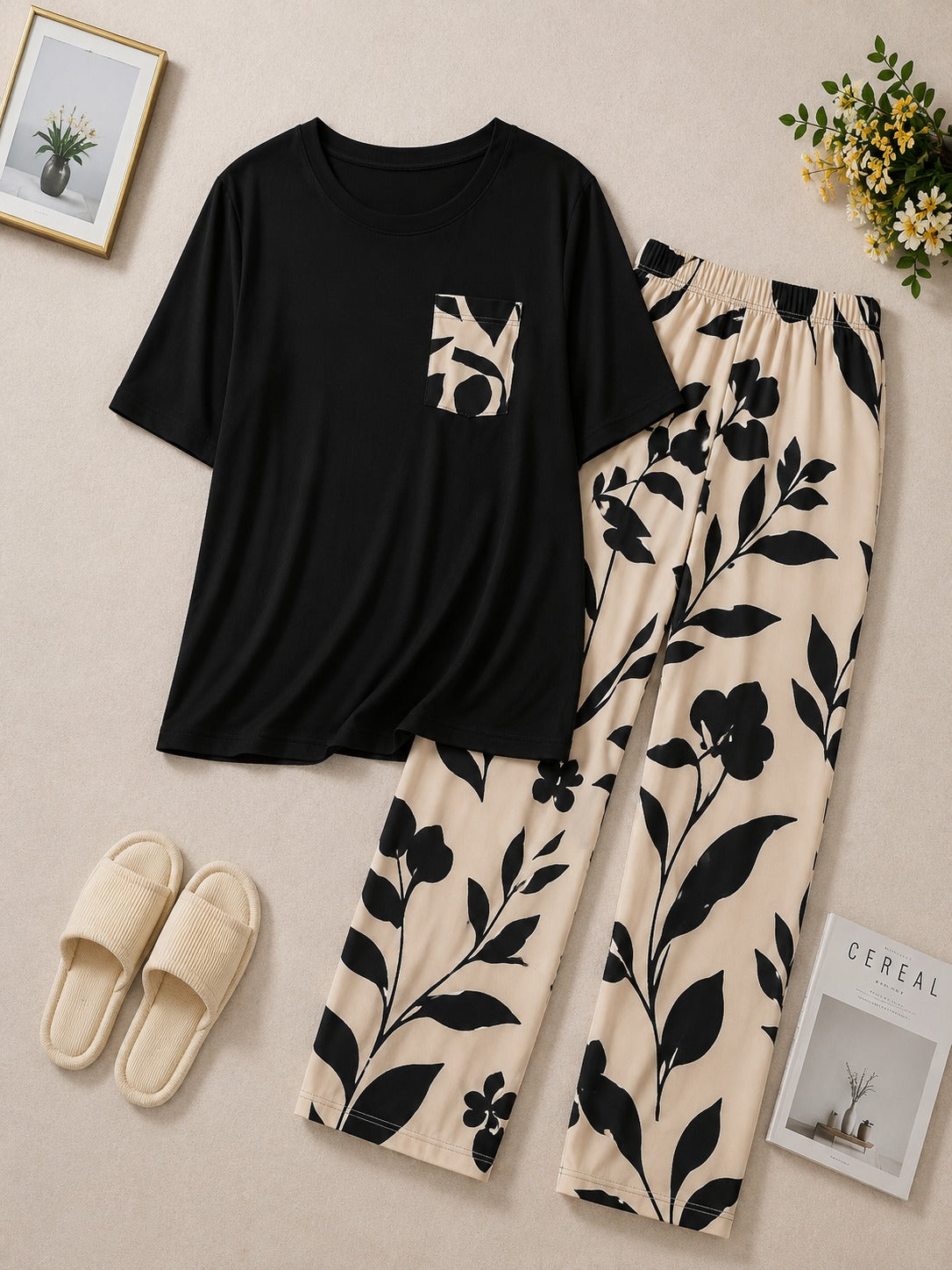 Black Floral Midnight Blossom Night Suit