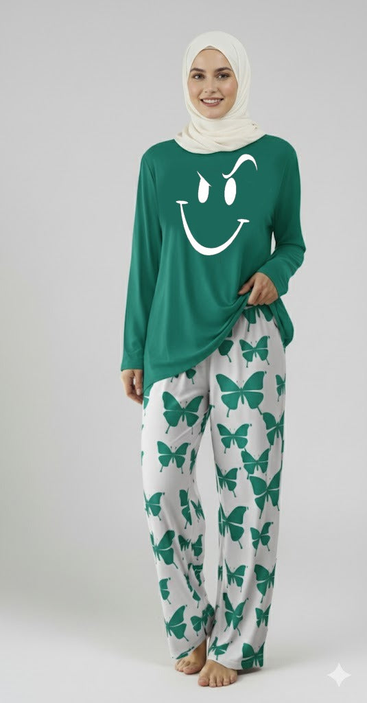 Smile Printed Sea Green Shirt With butterfly Printed Trouser