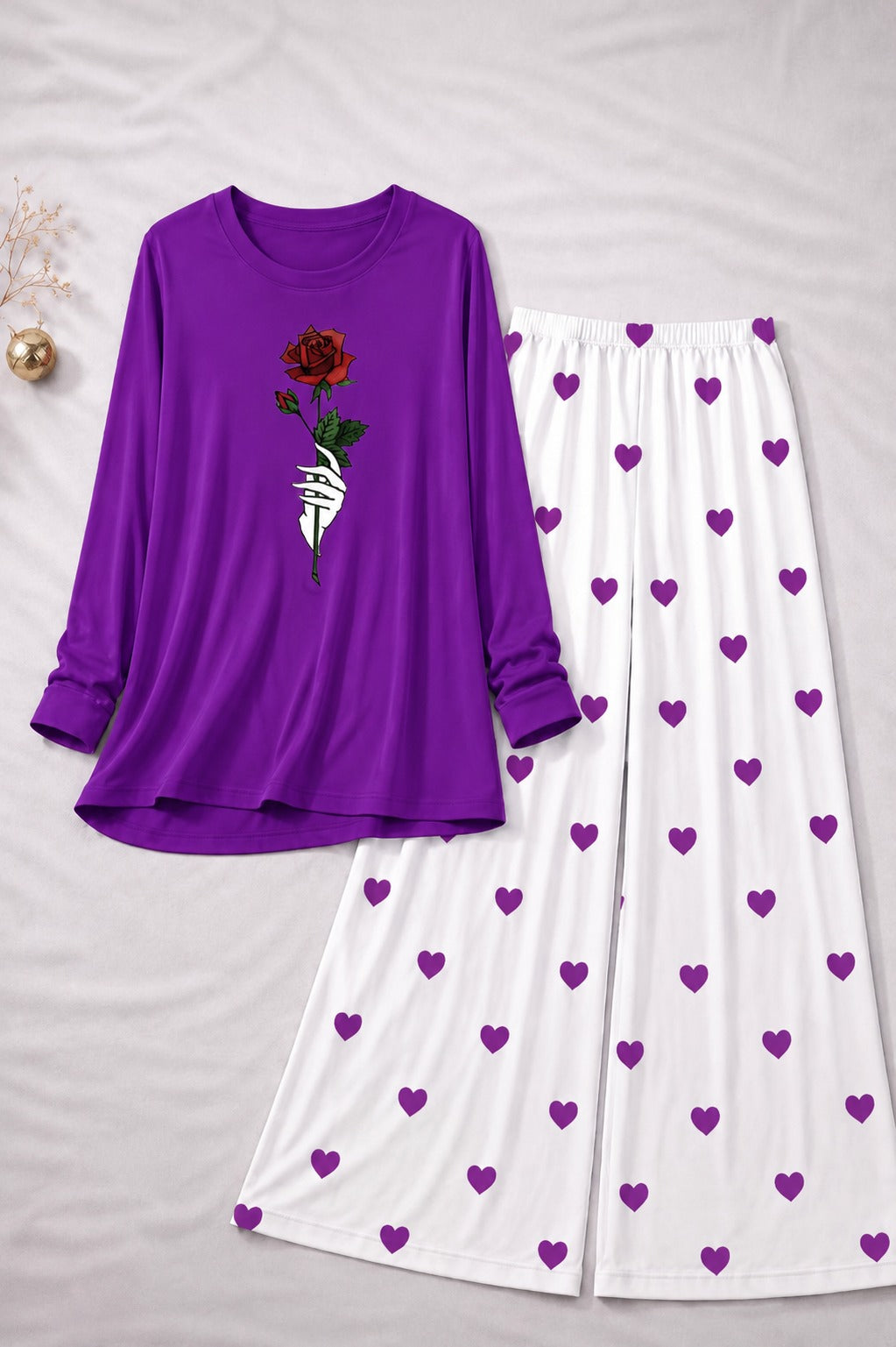 Rose Flower  Printed Purple Shirt With Dill  Palazzo Night Suit
