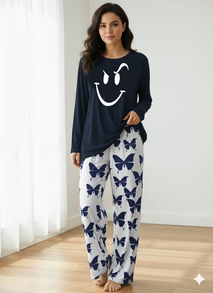 Smile Printed Navy-Blue Shirt With butterfly Printed Trouser