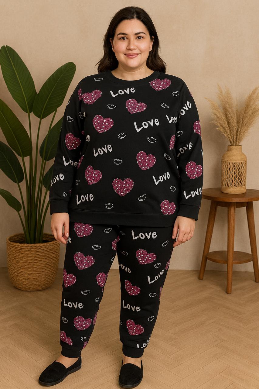 Winter Black Love Heart Co-Ord Set Night Suit