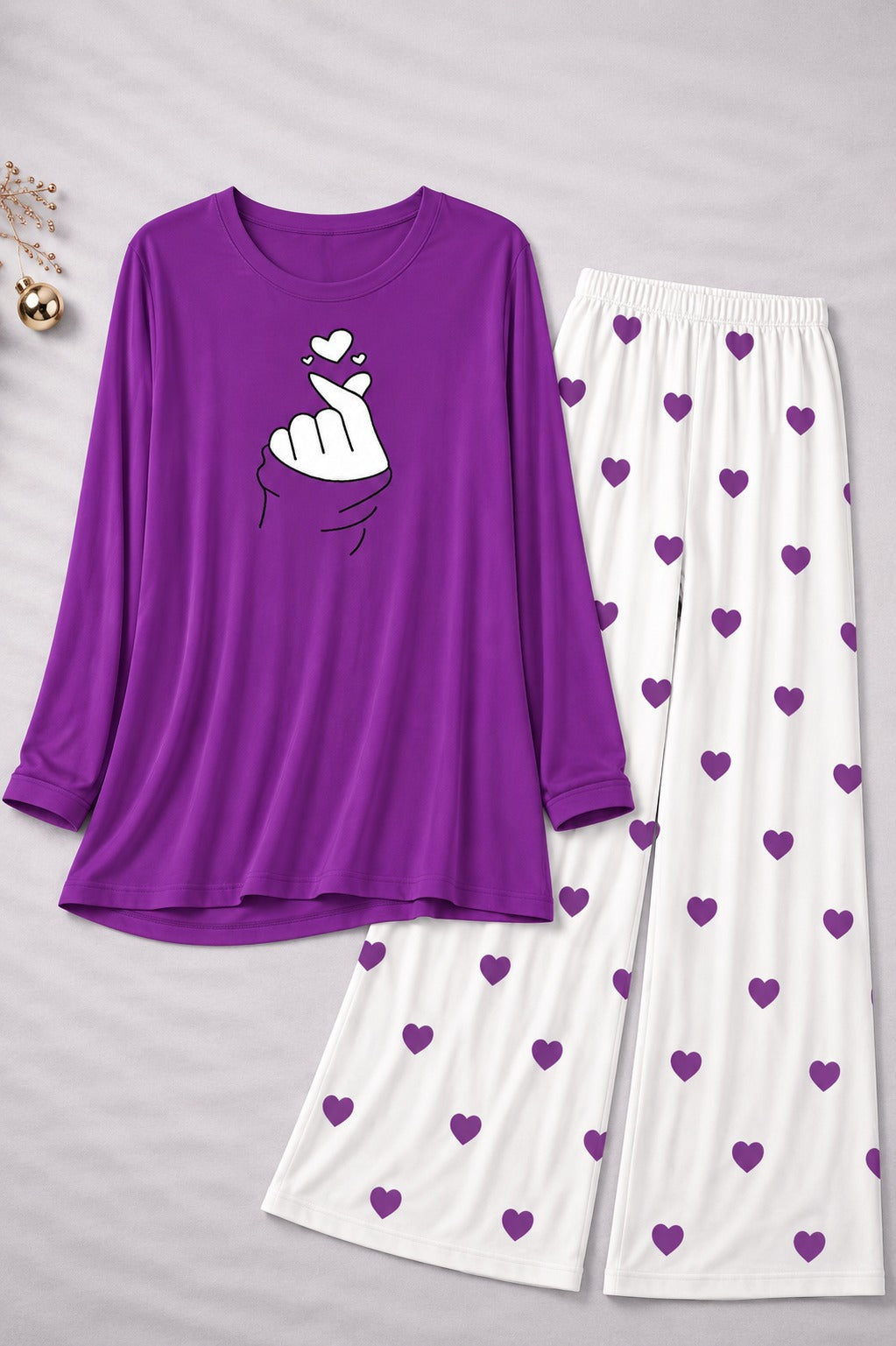 Finger Love  Printed Purple Shirt With Heart Printed  Palazzo Night Suit