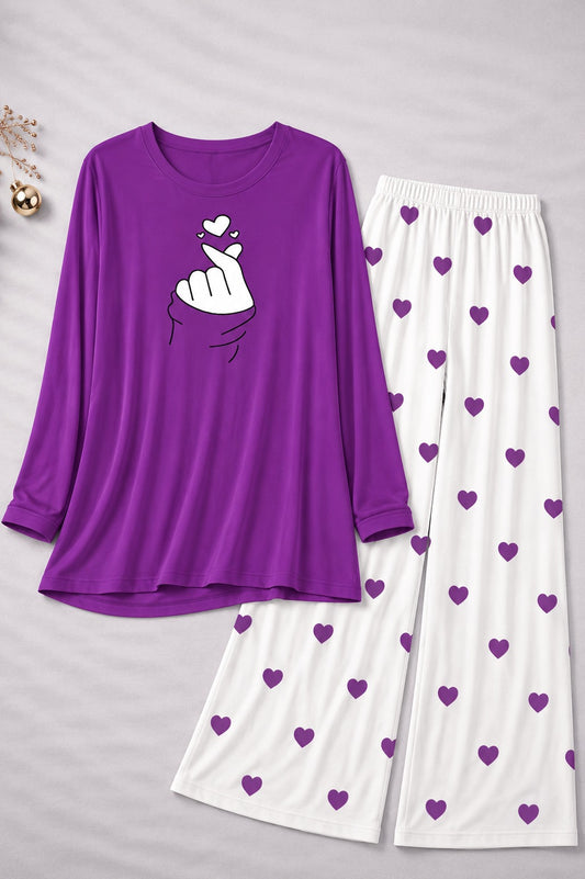 Finger Love  Printed Purple Shirt With Heart Printed  Palazzo Night Suit