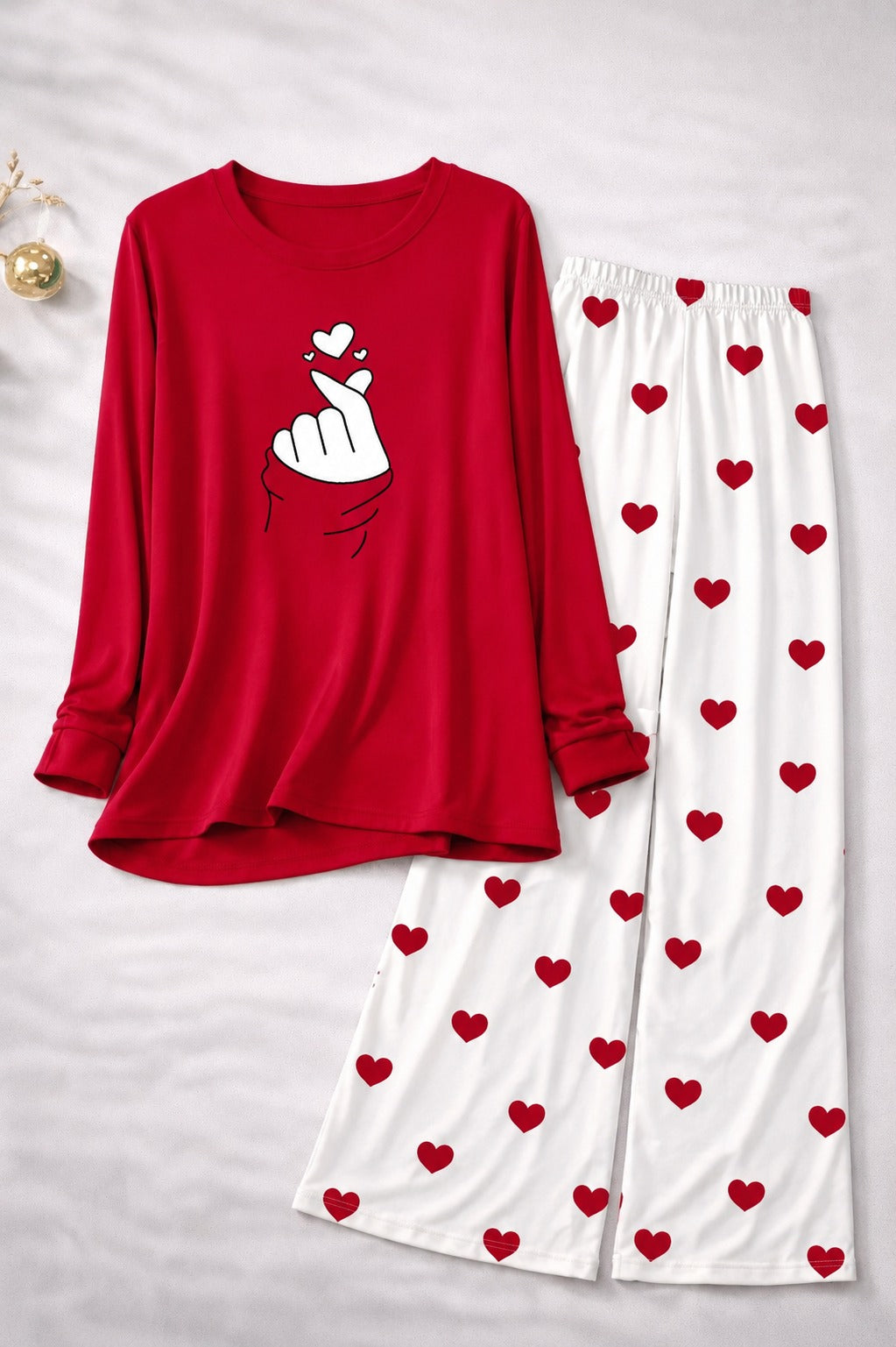 Finger Love Printed Red Shirt With Heart Printed  Palazzo Night Suit