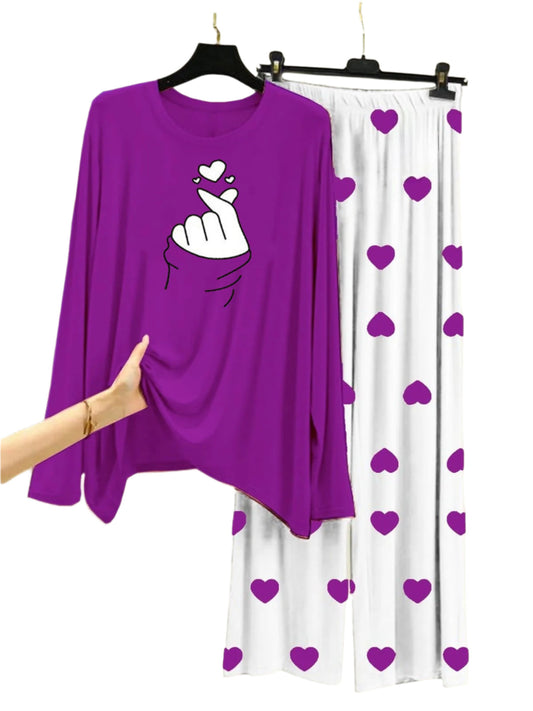 Finger Love  Printed Purple Shirt With Heart Printed  Palazzo Night Suit