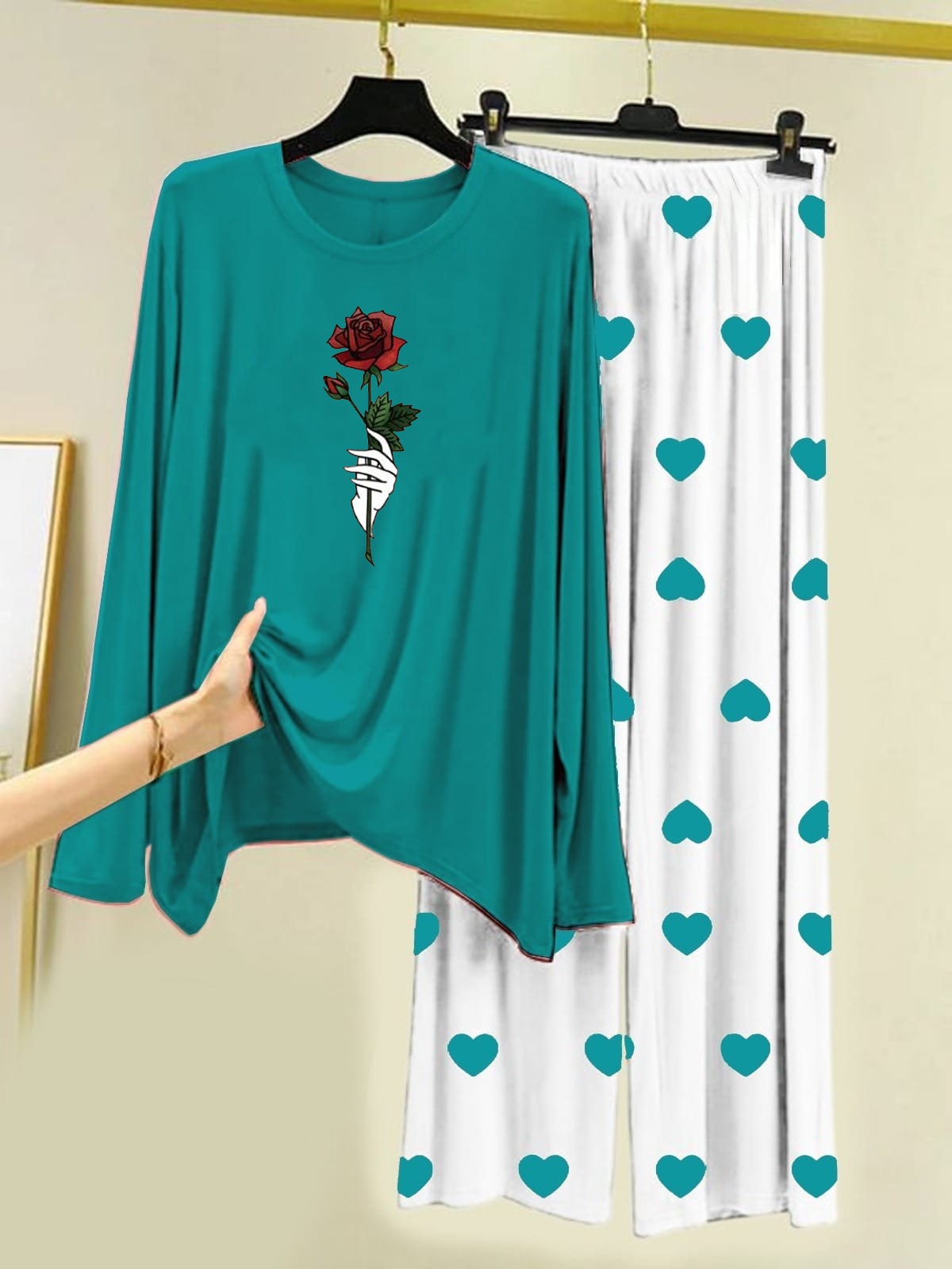 Rose Flower Printed Sea Green Shirt With Heart Printed  Palazzo Night Suit