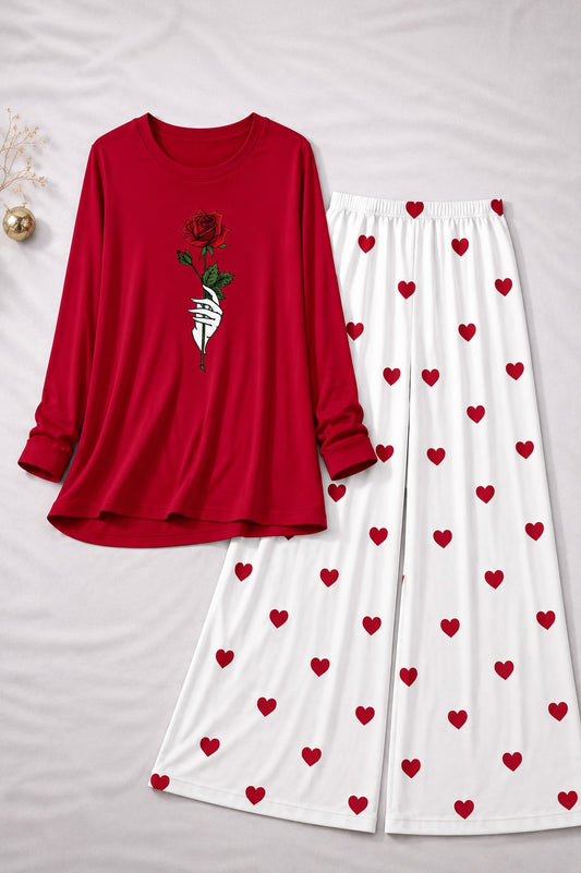 Rose Flower Printed Red Shirt With Heart Printed  Palazzo Night Suit