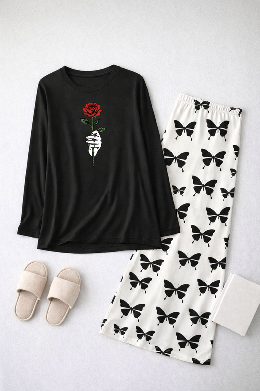 Rose Flower Printed Black Shirt with Butterfly Printed Palazzo Night Suit