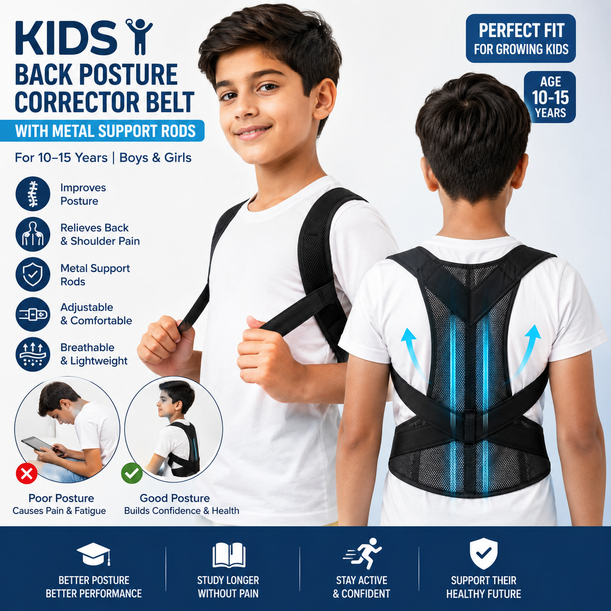 Kids Metal Support Rods Back Posture Corrector Belt  | Adjustable Back & Shoulder Support