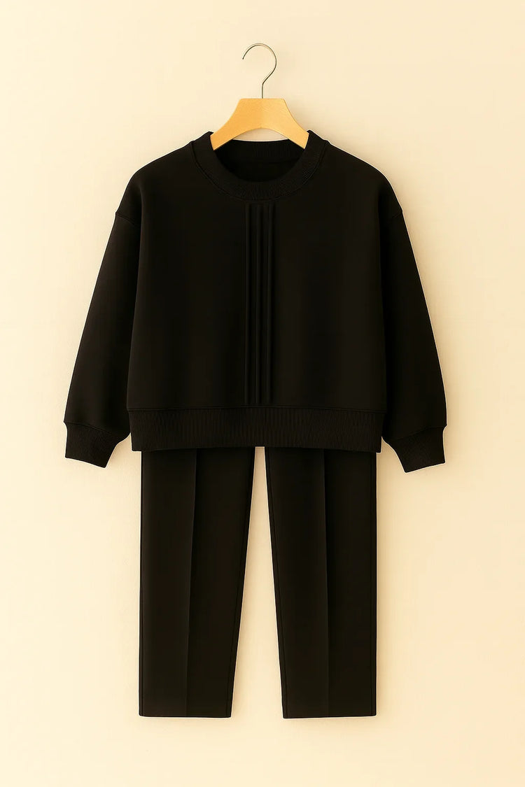 Winter Fleece Co-ords: Stylish Black 2-Piece Set with Cocoon Pants and Sweatshirt