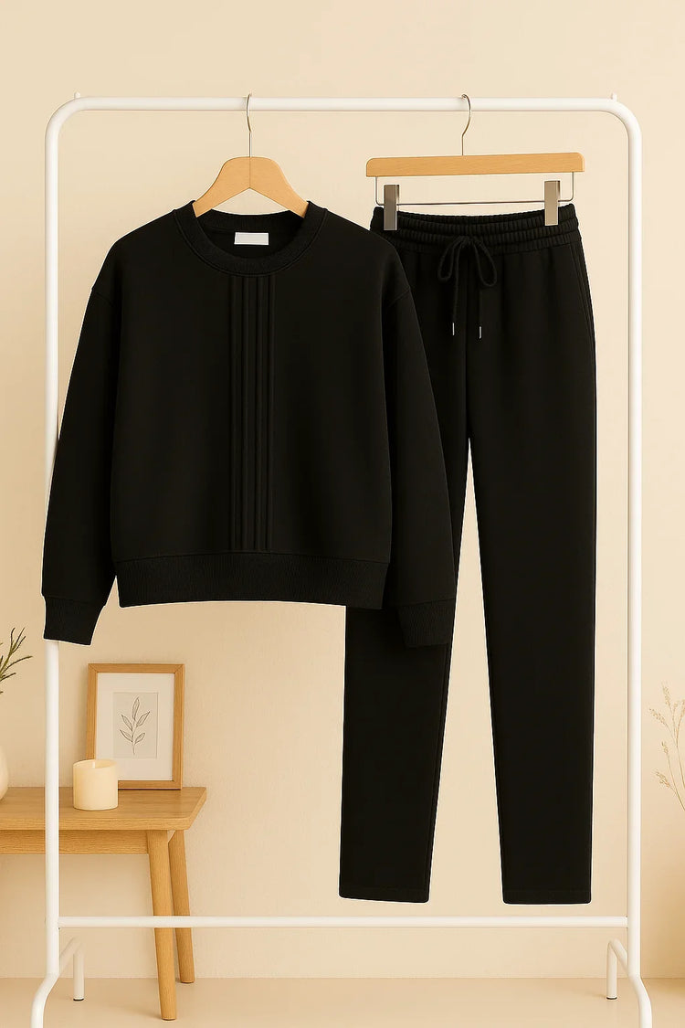Winter Fleece Co-ords: Stylish Black 2-Piece Set with Cocoon Pants and Sweatshirt