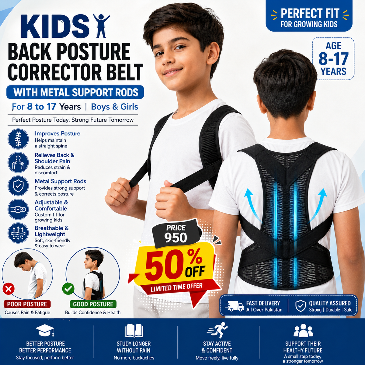 Kids Metal Support Rods Back Posture Corrector Belt  | Adjustable Back & Shoulder Support