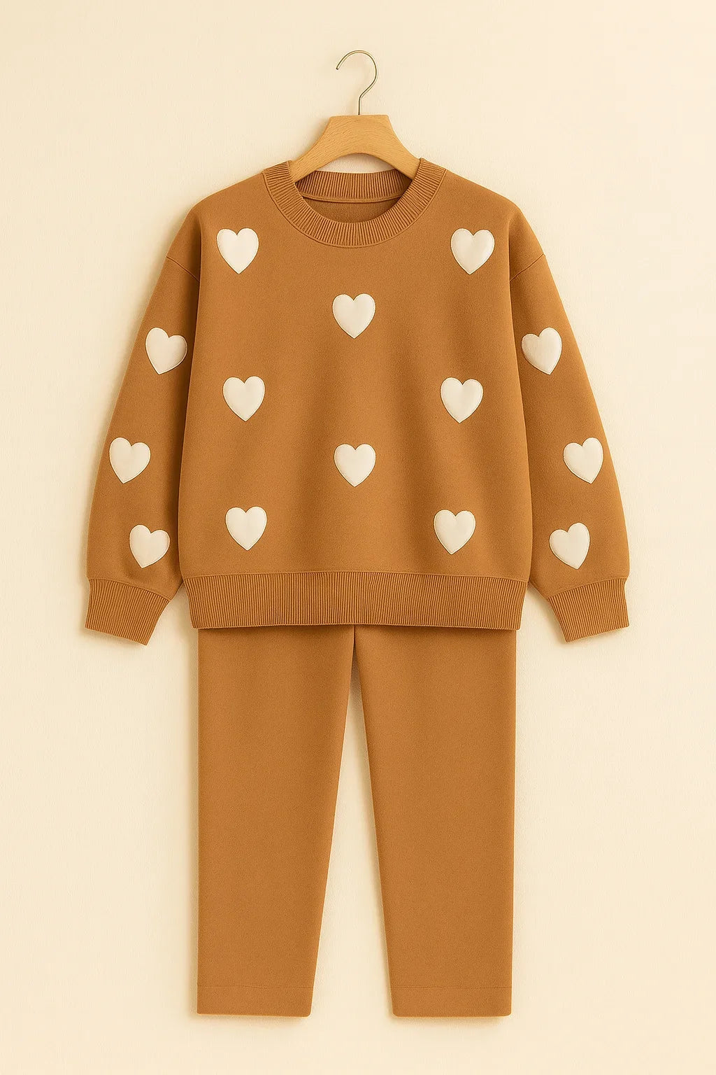 Heart printed warm winter fleece co ord Set - Brown and White