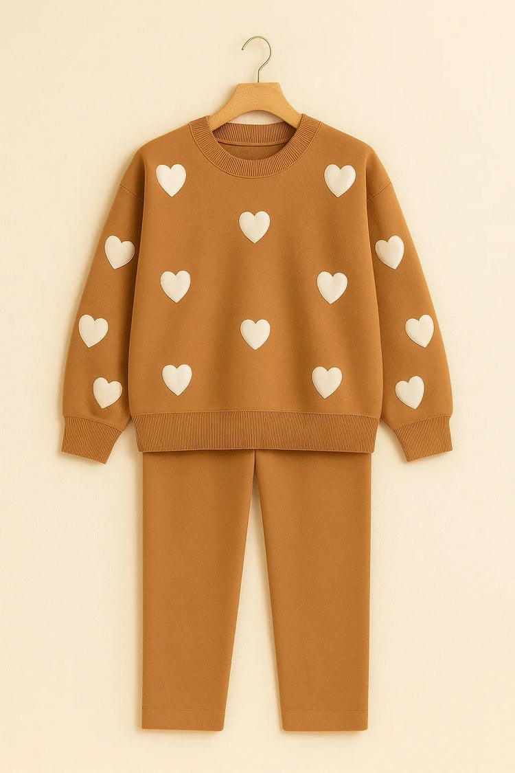 Heart printed warm winter fleece co ord Set - Brown and White