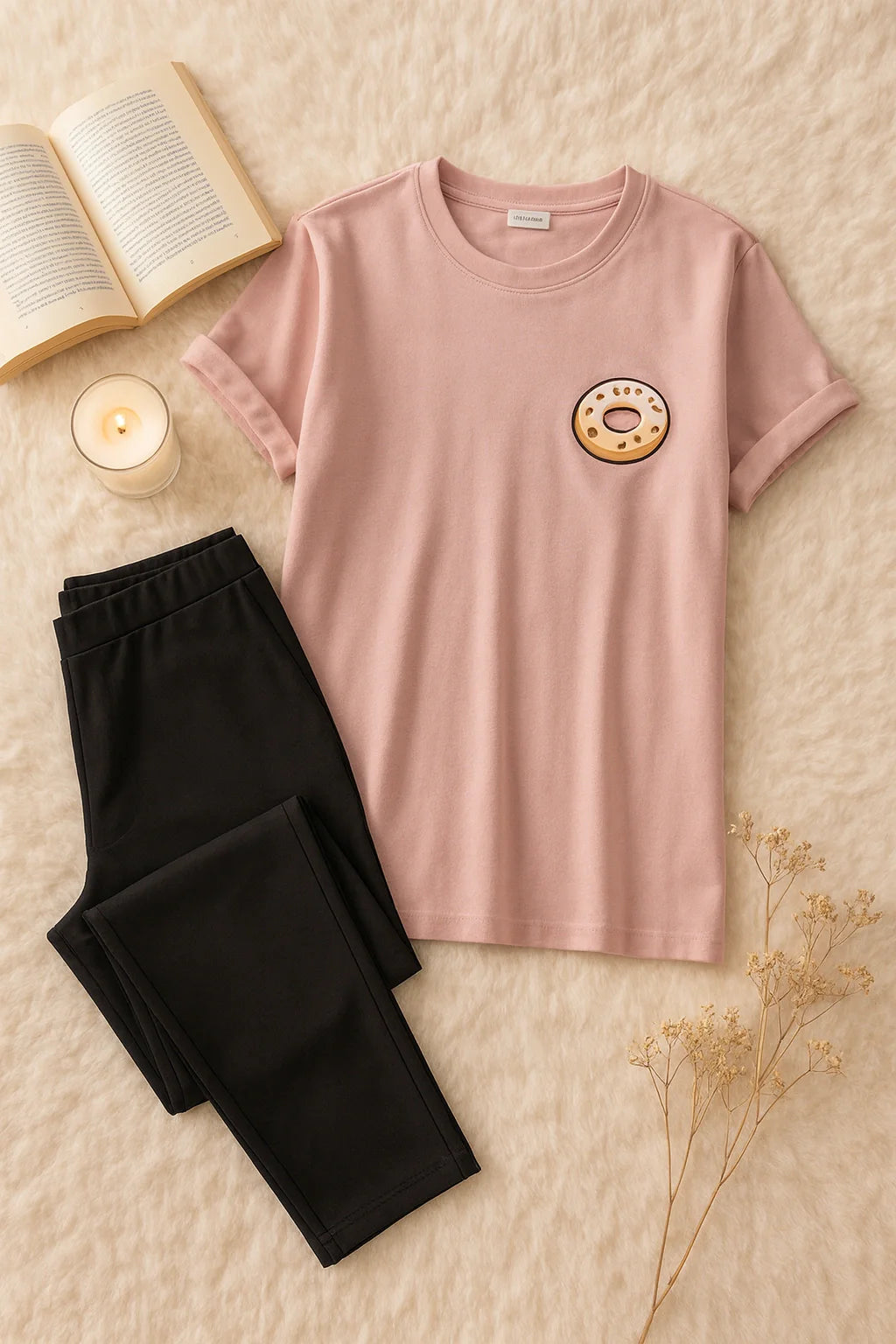 PINK DONUT DRIP PRINTED SHIRT AND BLACK TROUSER
