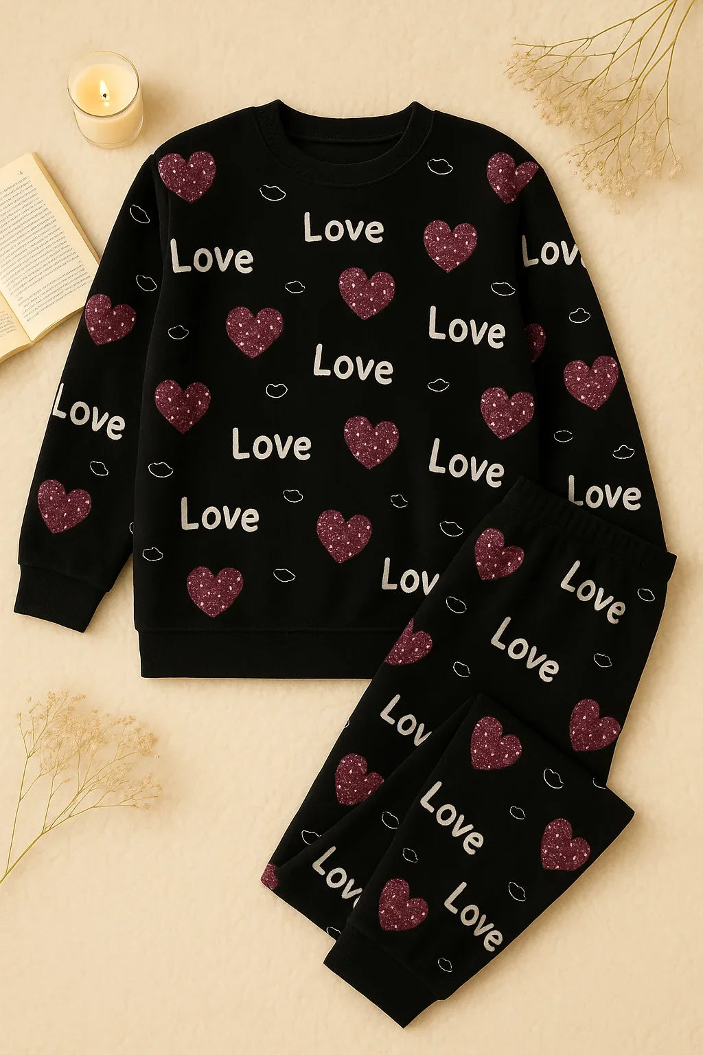 Winter Black Love Heart Co-Ord Set Night Suit