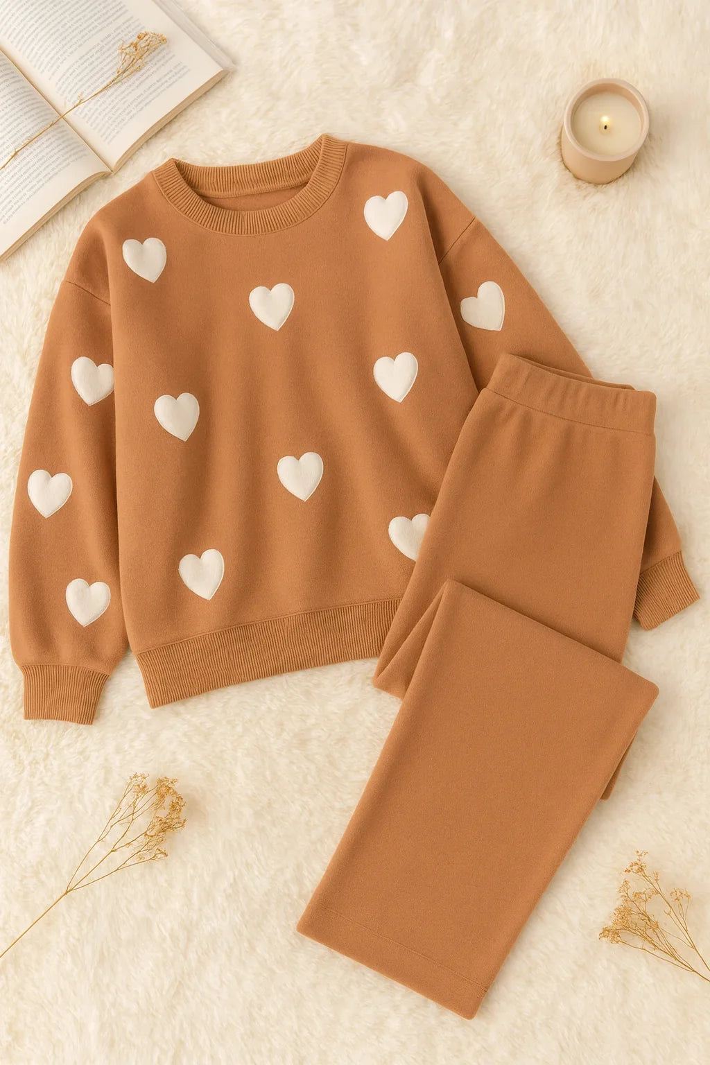 Heart printed warm winter fleece co ord Set - Brown and White