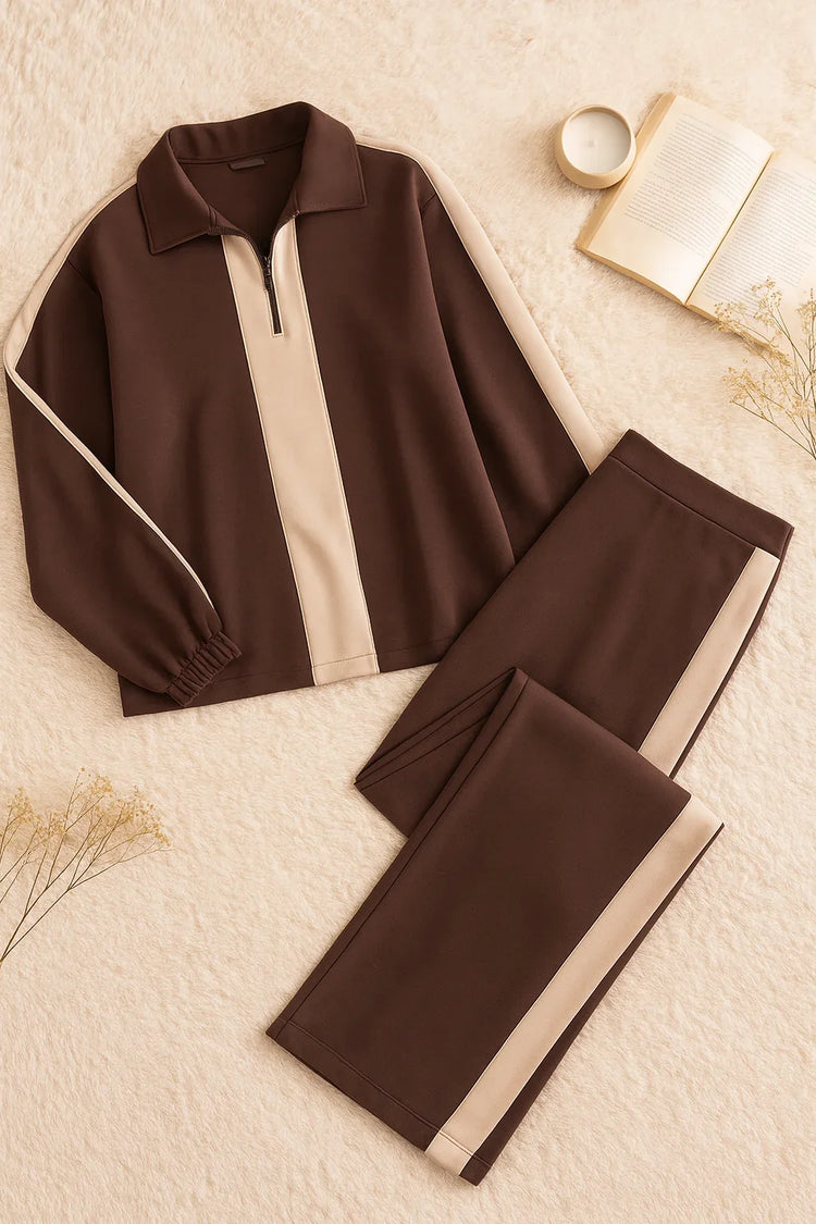 Zipper twin color winter fleece fabric track suit - Brown
