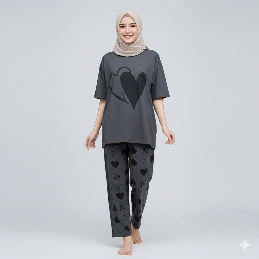 Gray double heart half sleeve night suit