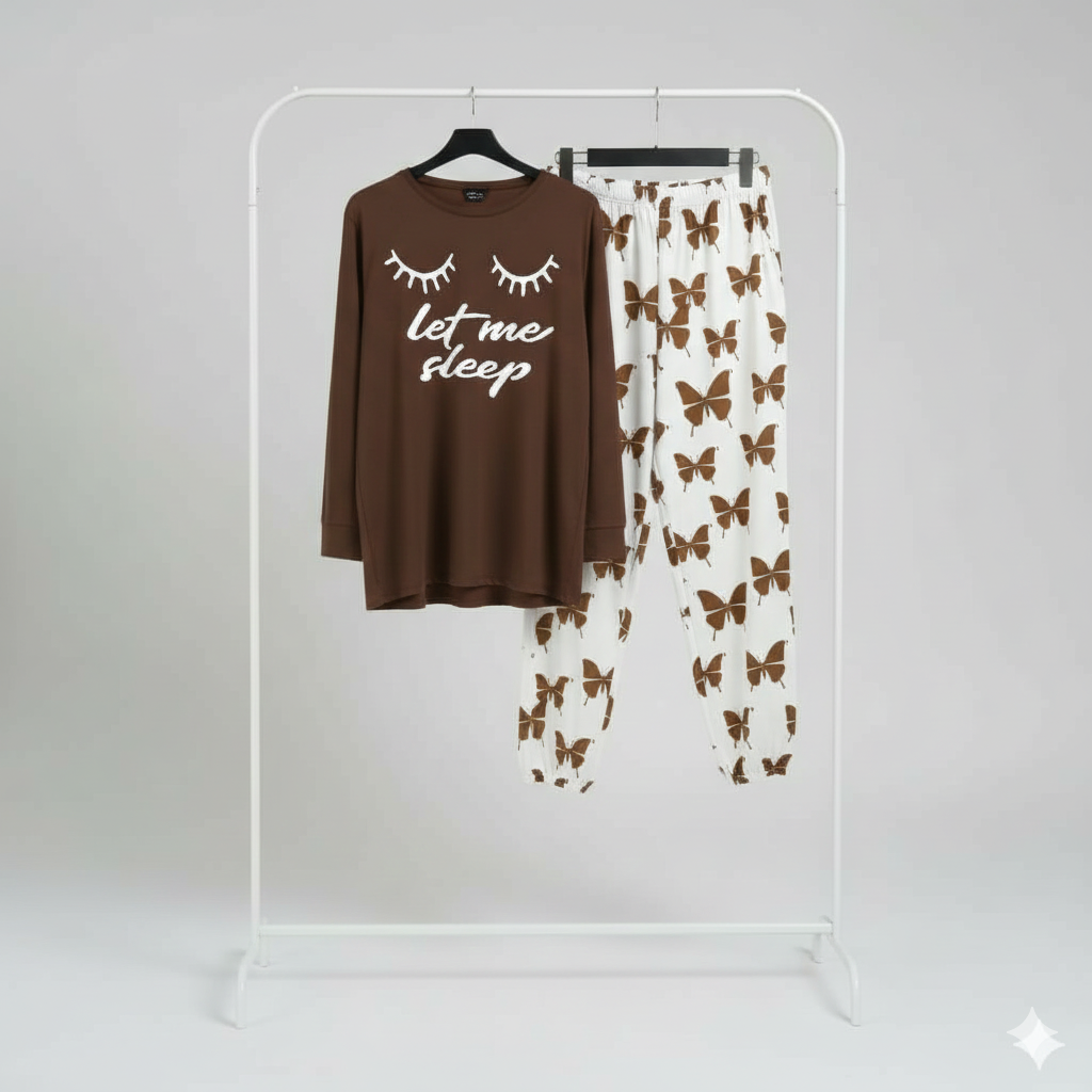 Let me Sleep Printed Brown Shirt With butterfly Printed  Palazzo Night Suit