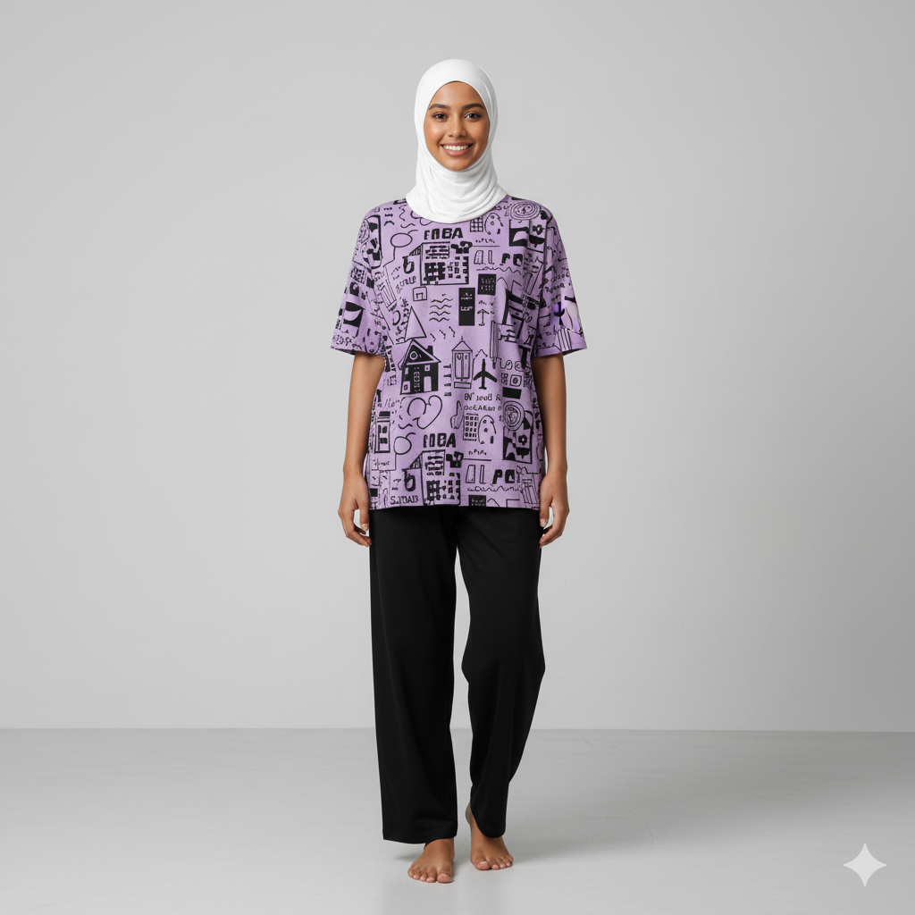 Purple Multi Planets Printed Shirt With Black Trouser