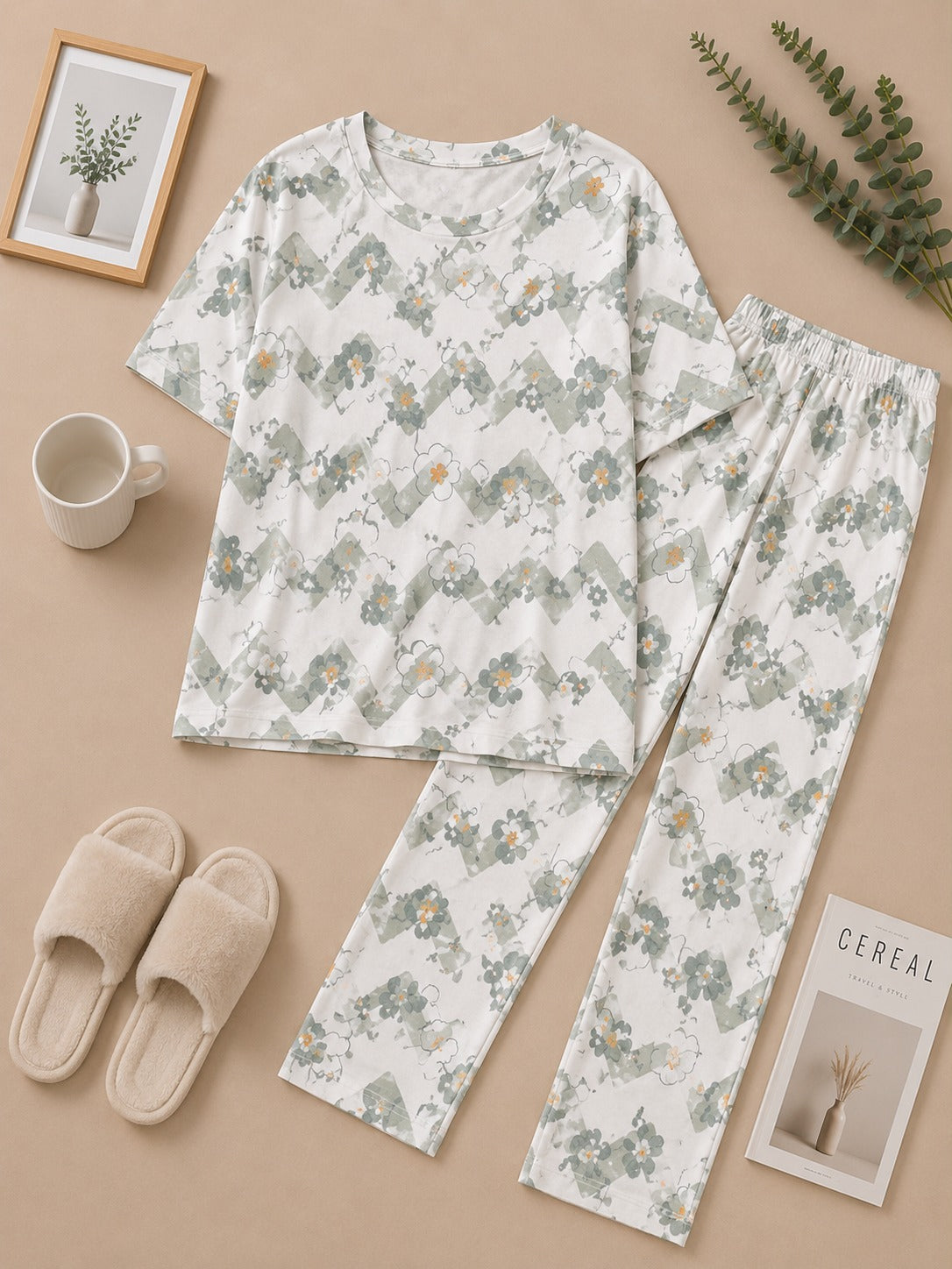 Sage Bloom Floral Cotton Pajama Set – Soft Summer Night Suit for Women
