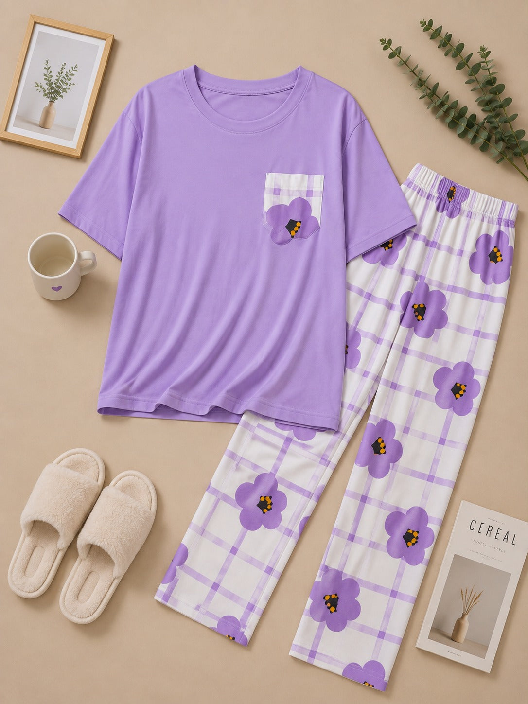 Lavender Bloom Cotton Pajama Set – Soft Women's Night Suit